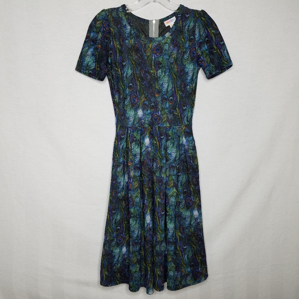 LuLaRoe Amelia Dress Peacock Feather Print Sz XXS